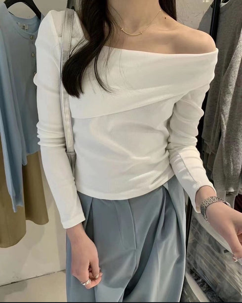 Women Long Sleeves Wide Neckline Tops